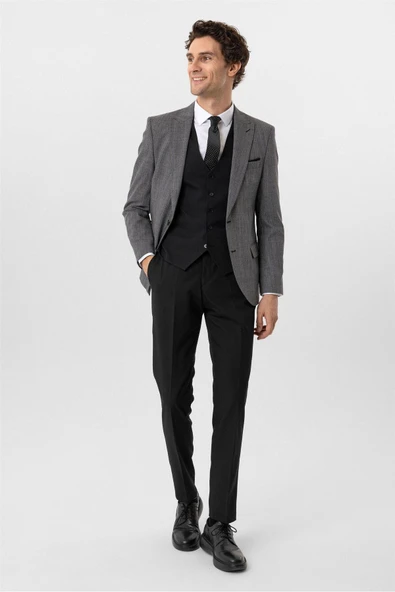 Siyah Slim Fit Desenli Sivri Yaka 6 Drop Yelekli Klasik Takım Elbise ürün görseli 1