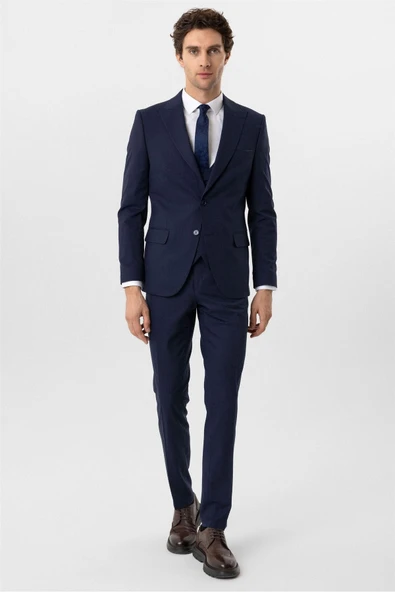 Lacivert Slim Fit Desenli Sivri Yaka 6 Drop Yelekli Klasik Takım Elbise ürün görseli 1