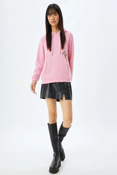 Kapüşonlu Oversize Sweatshirt Kedi İşlemeli Cep Detaylı Şardonlu ürün görseli 1