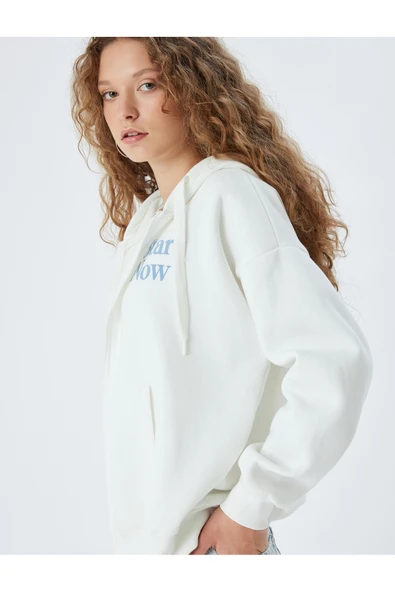 Fermuarlı Sweatshirt Kapüşonlu Oversize Kanguru Cepli Slogan Baskılı Şardonlu ürün görseli 1