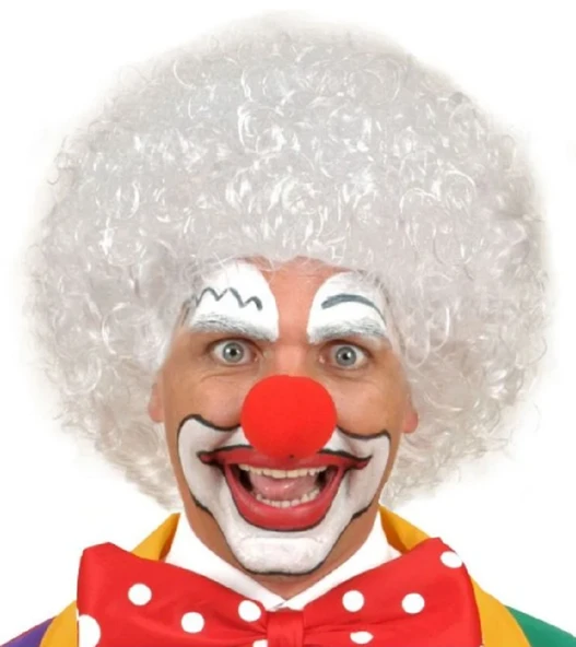 Beyaz Renk Kıvırcık Afro Bonus Peruk Saç ve Kırmızı Sünger Burun Seti ürün görseli 1