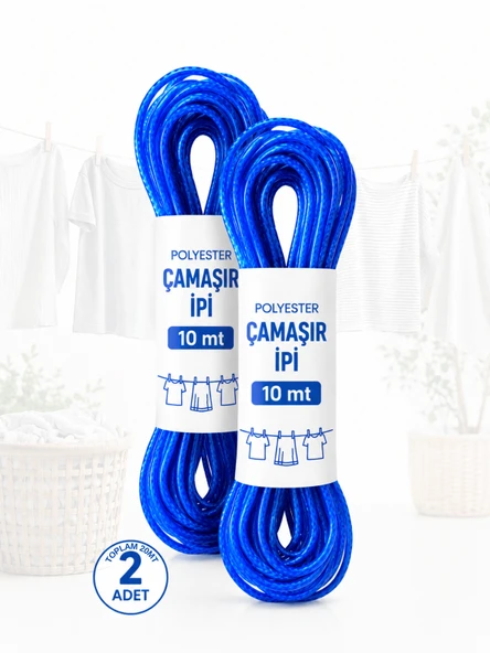 Beylini 2 Adet 10 mt Polyester Çamaşır İpi PVC Kaplama Sarkma Yapmaz Balkon Çamaşır Askılığı Çok Amaçlı Kurutma Mavi ürün görseli 1