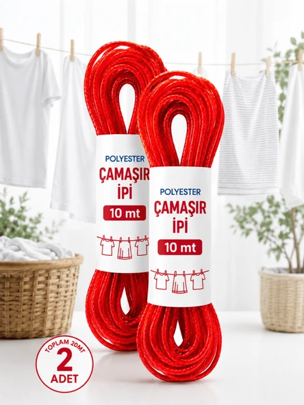 Beylini 2 Adet 10 mt Polyester Çamaşır İpi PVC Kaplama Sarkma Yapmaz Balkon Çamaşır Askılığı Çok Amaçlı Kurutma Kırmızı ürün görseli 1