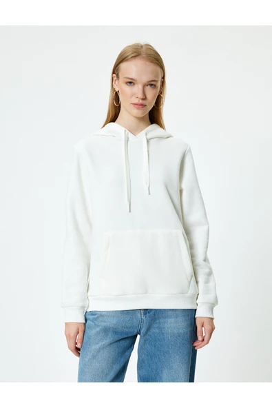 Şardonlu Basic Kapüşonlu Sweatshirt Kanguru Cepli Uzun Kollu - Resim 3