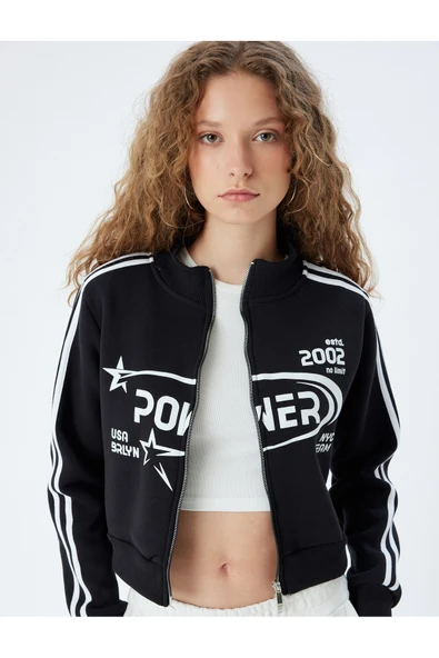Crop Fermuarlı Sweatshirt Kolej Baskılı Dik Yaka Şardonlu ürün görseli 1