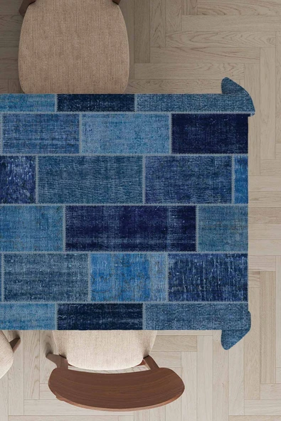 Mavi Patchwork Dokuma Leke Tutmaz Masa Örtüsü MSO297 ürün görseli 1