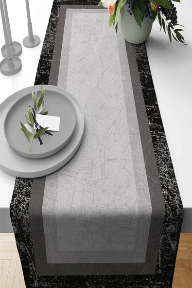 Gri Çerçeveli Desen Premium Masa Örtüsü Runner RNR365 ürün görseli 1