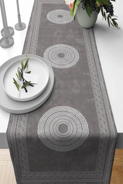 Gri Çerçeveli Desen Premium Masa Örtüsü Runner RNR230 ürün görseli 1