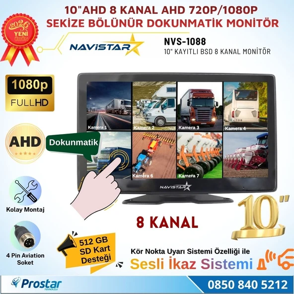 10 inç 8 Kanal Dokunmatik AHD 1080P/720P Kayıtlı Araç Monitörü 12-24V ürün görseli 1