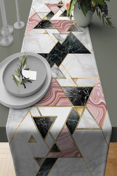 Pembe Geometrik Desenli Premium Masa Örtüsü Runner RNR092 ürün görseli 1