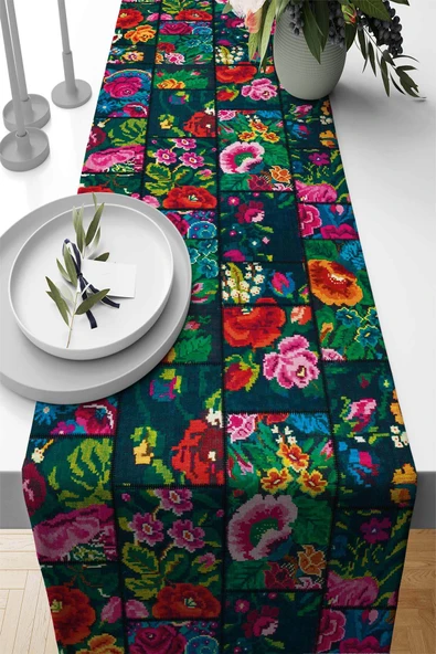 Çok Renkli Patchwork Premium Masa Örtüsü Runner RNR102 ürün görseli 1