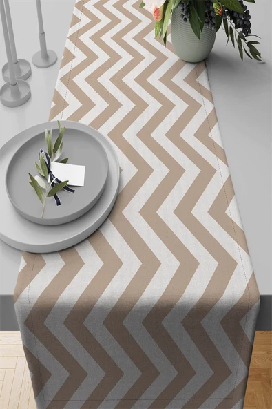 Bej Zigzag Desenli Premium Masa Örtüsü Runner RNR139 ürün görseli 1
