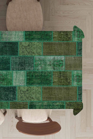Yeşil Patchwork Desen Dokuma Leke Tutmaz Masa Örtüsü MSO295 ürün görseli 1