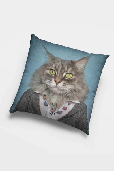 Kedi Kıyafetli Hayvanlar Çift Taraflı Kırlent Kılıfı KRL872 ürün görseli 1