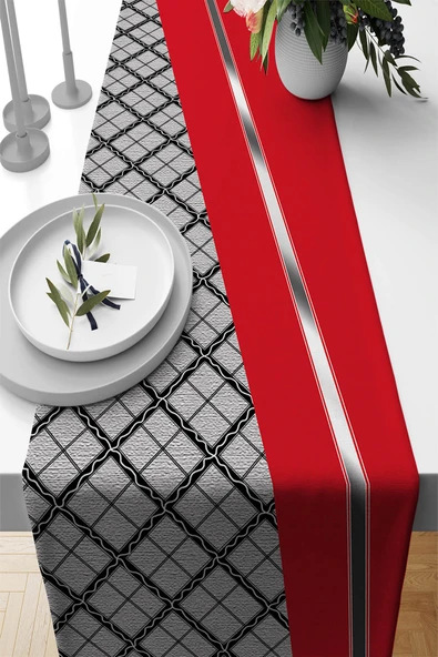Kırmızı Ekoseli Desen Premium Masa Örtüsü Runner RNR579 ürün görseli 1