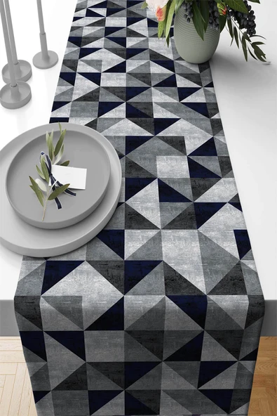 Lacivert Geometrik Desenli Premium Masa Örtüsü Runner RNR382 ürün görseli 1