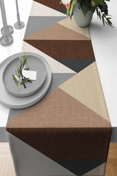 Kahverengi Geometrik Desen Premium Masa Örtüsü Runner RNR391 ürün görseli 1