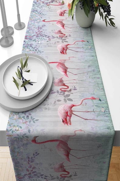 Pembe Flamingo Desenli Premium Masa Örtüsü Runner RNR428 ürün görseli 1