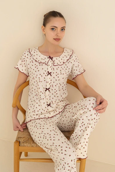Fransız Yaka Fiyonklu Gipeli Pijama Takımı ürün görseli 1