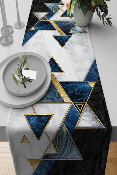 Mavi Geometrik Desenli Premium Masa Örtüsü Runner RNR091 ürün görseli 1