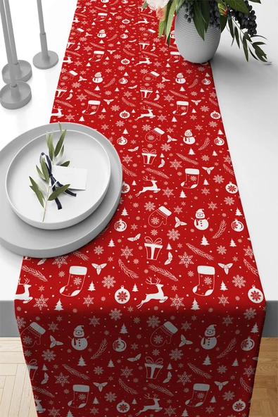 Kırmızı Christmas Desen Premium Masa Örtüsü Runner RNR560 ürün görseli 1