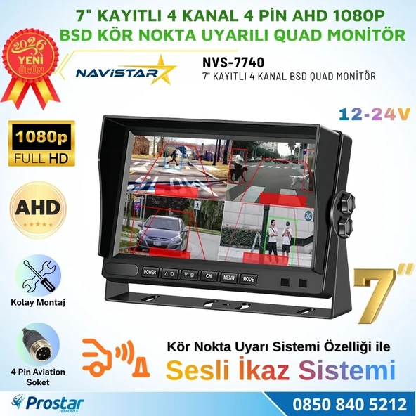 7 inç 4 Kanal Full HD BSD Kör Nokta Uyarılı AHD Quad Araç Monitörü Aktif Nesne Algılama + Sesli İkaz 12-24V ürün görseli 1