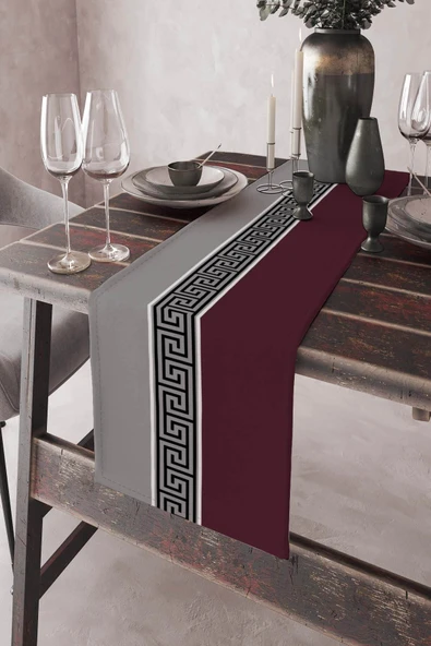 Bordo Avangarde Desenli Premium Masa Örtüsü Runner RNR141 ürün görseli 1