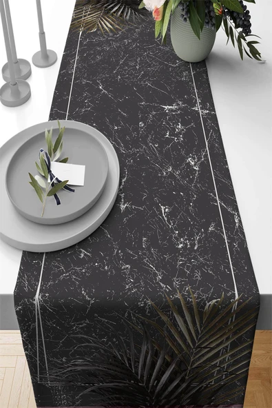 Antrasit Çerçeveli Desen Premium Masa Örtüsü Runner RNR404 ürün görseli 1