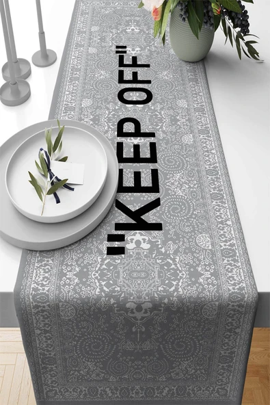 Gri Keep Off Desenli Premium Masa Örtüsü Runner RNR452 ürün görseli 1