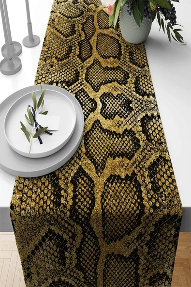 Gold Krokodil Desenli Premium Masa Örtüsü Runner RNR067 ürün görseli 1