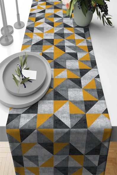Sarı Geometrik Desenli Premium Masa Örtüsü Runner RNR380 ürün görseli 1