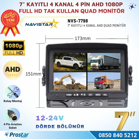 Kayıtlı 7 inç 4 Kanal Full HD Quad AHD/Analog 4 Pin Araç Monitörü 256 GB SD Kart Destekli 12-24V ürün görseli 1