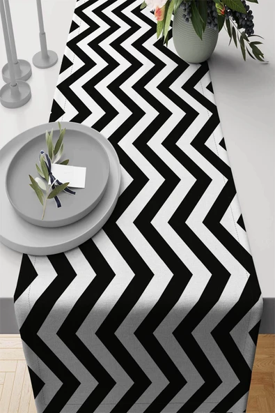 Siyah Zigzag Desenli Premium Masa Örtüsü Runner RNR302 ürün görseli 1