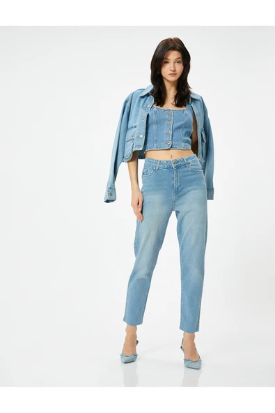 Yüksek Bel Kot Pantolon Rahat Kesim Hafif Dar Paça - Mom Slim Jeans ürün görseli 1