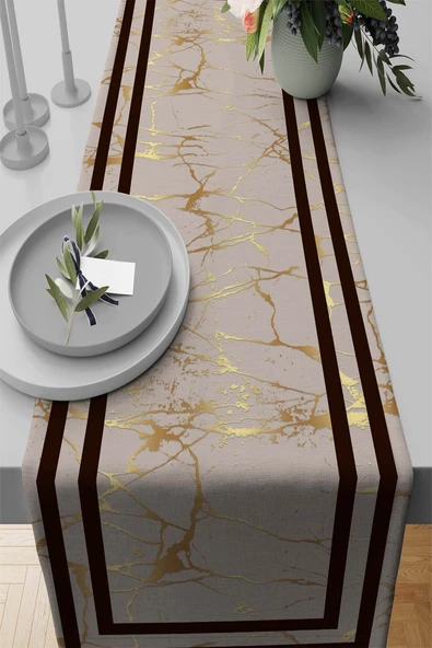 Kahverengi Çerçeveli Desen Premium Masa Örtüsü Runner RNR320 ürün görseli 1
