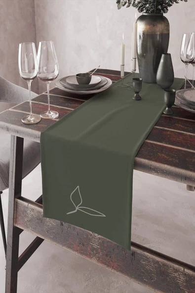 Haki Modern Desenli Premium Masa Örtüsü Runner RNR037 ürün görseli 1