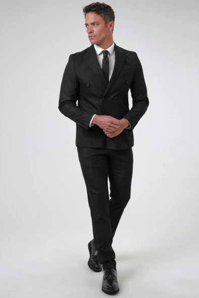 Siyah Slim Fit Desenli Sivri Yaka 6 Drop Klasik Takım Elbise ürün görseli 1