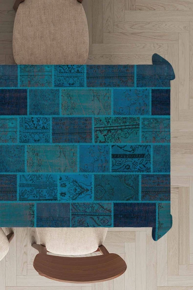 Turkuaz Patchwork Dokuma Leke Tutmaz Masa Örtüsü MSO294 ürün görseli 1