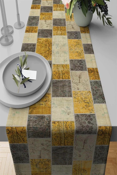 Sarı Patchwork Desenli Premium Masa Örtüsü Runner RNR296 ürün görseli 1