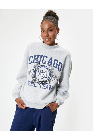 Oversize Sweatshirt Kolej Baskılı Bisiklet Yaka Şardonlu ürün görseli 1