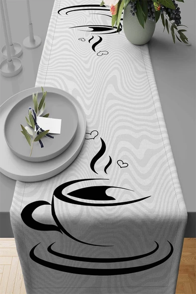 Beyaz Fincanlı Mutfak Premium Masa Örtüsü Runner RNR285 ürün görseli 1