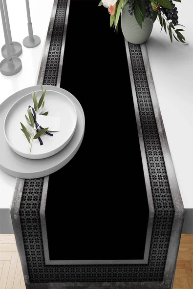 Silver Çerçeveli Desen Premium Masa Örtüsü Runner RNR399 ürün görseli 1