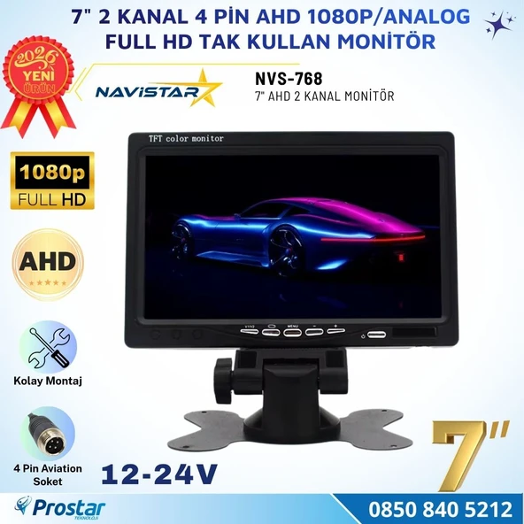 7 inç 2 Kanal Full HD AHD/Analog Tak Kullan Araç Monitörü Ayna Görüntüsü Ayarlı + Park Çizgisi 12-24V ürün görseli 1
