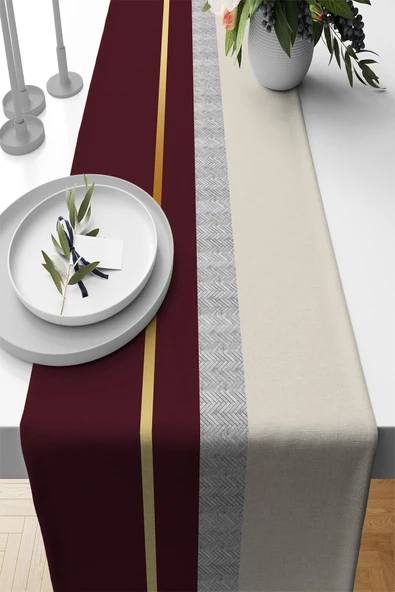 Bordo Avangarde Desenli Premium Masa Örtüsü Runner RNR486 ürün görseli 1