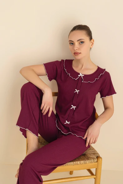 Fransız Yaka Fiyonklu Gipeli Pijama Takımı ürün görseli 1