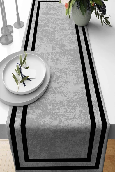 Gri Çerçeveli Desen Premium Masa Örtüsü Runner RNR214 ürün görseli 1
