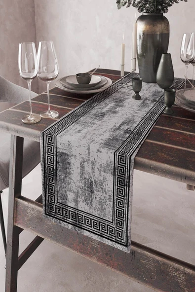 Gri Çerçeveli Desen Premium Masa Örtüsü Runner RNR324 ürün görseli 1