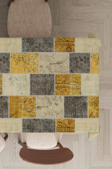 Sarı Patchwork Desen Dokuma Leke Tutmaz Masa Örtüsü MSO296 ürün görseli 1