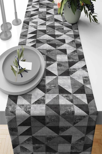 Siyah Geometrik Desenli Premium Masa Örtüsü Runner RNR385 ürün görseli 1