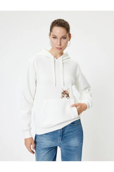 Şardonlu Oversize Kapüşonlu Sweatshirt Cep Detaylı Kedi Nakışlı ürün görseli 1